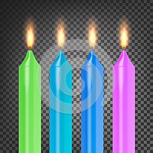 Burning 3D Realistic Dinner Candles Vector. Flame Realistic Set Isolated On Dark Background 3d Illustration