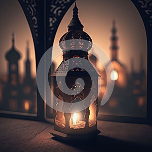 Burning decorated lantern on smudged mosque targets. Lantern as a symbol of Ramadan for Muslims