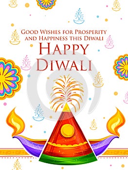 Burning diya and firecracker on Happy Diwali Holiday background for light festival of India