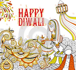 Burning diya on happy Diwali Holiday doodle background for light festival of India