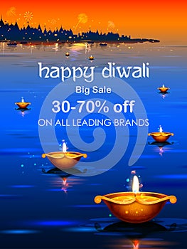 Burning diya on happy Diwali Holiday Sale promotion advertisement background for light festival of India