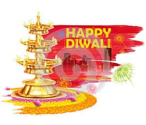 Burning diya on Happy Diwali Holiday watercolor background for light festival of India