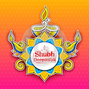 Burning diya on Shubh Deepawali meaning Happy Diwali Holiday background
