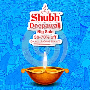 Burning diya on Shubh Deepawali meaning Happy Diwali Holiday Sale promotion