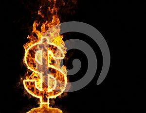 Burning dollar sign in flames on black background