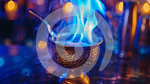 Burning drink in shot glass on table