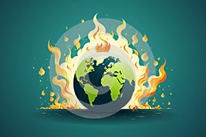 Burning earth globe in fire on green background. Global warming concept. Generative ai