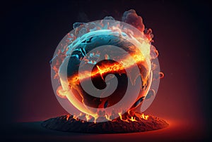 Burning earth with lava on dark background. Global warming and Environment conservation concept. Generative AI