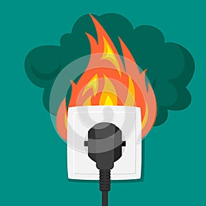 Burning electrical outlet illustration. Electrical short circuit from black plug bright faucet flame with smoke danger