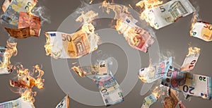 Burning Euro banknotes falling down