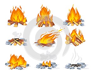 Burning and extinct bonfire. Forest heating bondfire, fireplace burn logs autumn cartoon campfire flammable firewoods