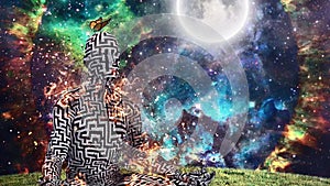 Burning figure of man with maze pattern in lotus pose. Vivid universe on background