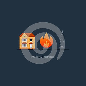 Burning fire, building insurance, safety concept, house icon