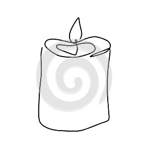 Burning fire candle. Candle light continuous one line drawing art. Vector isolated on white.