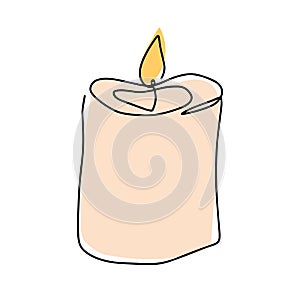 Burning fire candle. Candle light continuous one line drawing art. Vector isolated on white.