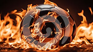 burning fire in the dark Football on in hot flames fire soccer soccerball