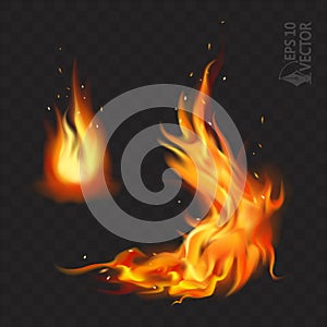 Burning fire, fiery sparks, isolated flame on black background, 3d realistic vector illustration