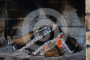 burning fire in the fireplace