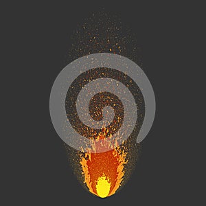 Burning fire flame. Flying sparks of fire. Glowing particles. Vector element isolated on dark background.