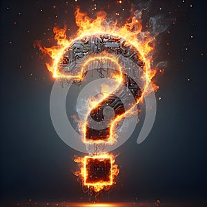 Burning fire flames digital electronic question mark on dark background