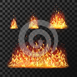 Burning fire flames or hot flaming blaze fireball. Blazing fires isolated vector set