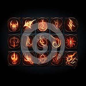 Burning fire icons set on black background. Vector Illustration
