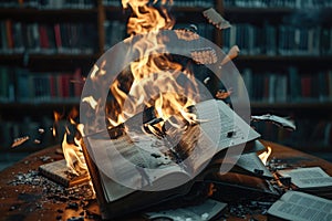 Burning in fire old open book on the library desk.Censorship, prohibition of freedom information