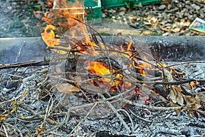 Burning fire in an outdoor bonfire