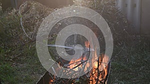 Burning fire outdoor. Dried twigs and branches in campfire flames on blurred rustic background