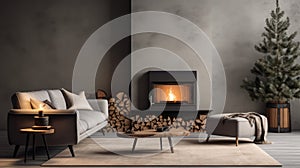 Burning fireplace with Christmas tree in living room interior, winter holidays background illustration. New Year at home