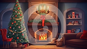 Burning fireplace with Christmas tree in living room interior, winter holidays background illustration. New Year at home