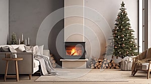 Burning fireplace with Christmas tree in living room interior, winter holidays background illustration. New Year at home