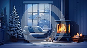 Burning fireplace with Christmas tree in living room interior, winter holidays background illustration. New Year at home