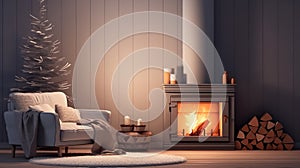 Burning fireplace with Christmas tree in living room interior, winter holidays background illustration. New Year at home