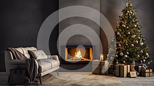 Burning fireplace with Christmas tree in living room interior, winter holidays background illustration. New Year at home