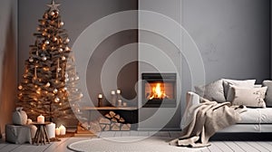 Burning fireplace with Christmas tree in living room interior, winter holidays background illustration. New Year at home