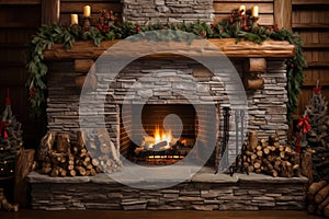 Burning Fireplace decorated for Christmas