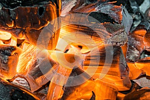 Burning firewood in the fireplace close up, BBQ fire, burning charcoal background, barbeque grill.