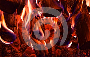 Burning firewood in the fireplace close up. BBQ fire. Charcoal background. Charcoal fire with sparks. Fire background texture. Clo