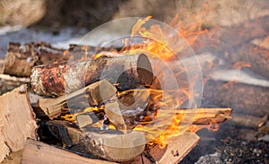Burning firewood flames close up