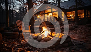 Burning firewood illuminates cozy autumn picnic, igniting comfortable celebration generated by AI