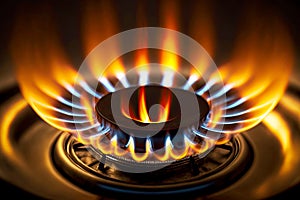 burning flame on turned on burner of gas kitchen stove