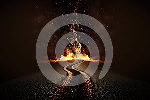 burning flames on a damp, lengthy road in an abstract black background