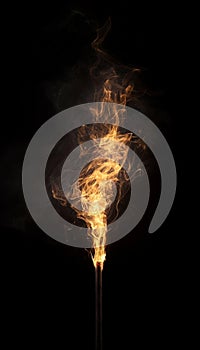 Burning Flames Isolated on Black Background. Torch with Real Flames, Fire Texture for Design