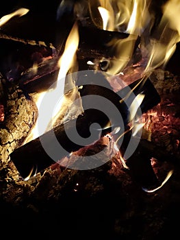 Burning flames on wood logs on a fire pit