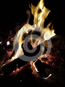 Burning flames on wood logs on a fire pit