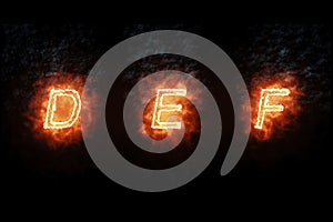 Burning font d, e, f, fire word text with flame and smoke on black background, concept of fire heat alphabet decoration