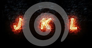 Burning font j, k, l, fire word text with flame and smoke on black background, concept of fire heat alphabet decoration