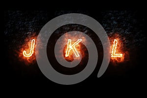 Burning font j, k, l, fire word text with flame and smoke on black background, concept of fire heat alphabet decoration