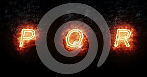 Burning font p, q, r, fire word text with flame and smoke on black background, concept of fire heat alphabet decoration